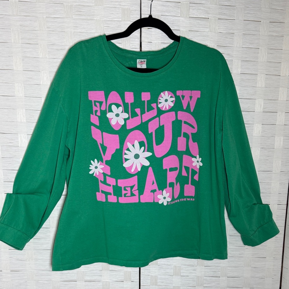 Electric Pink Kelly Green w/Pink Long Sleeve “Follow Your Heart” Tee Size XL